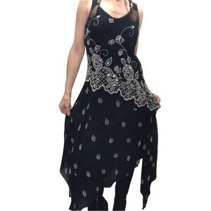 Vtg 90’s Midnight Velvet Goth Dress Sz L Embroidered Feminine Asymmetric Whimsy